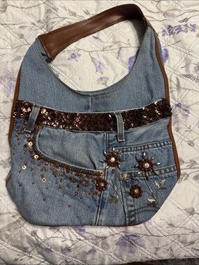 Dollywood Denim Floral Sequin Hobo Bag - Brown Accents